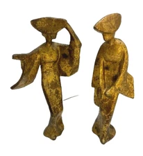 2 Vtg Dancing Geisha Girls Metal Sculpture Statue Figurines Fine Arts Japan MCM