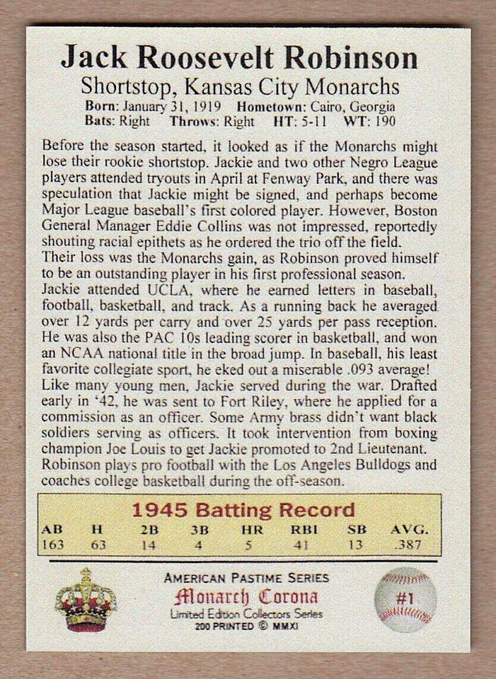 Jackie Robinson Kansas City Monarchs Pastime Negro League / FREE SHIP / NM+ eBay