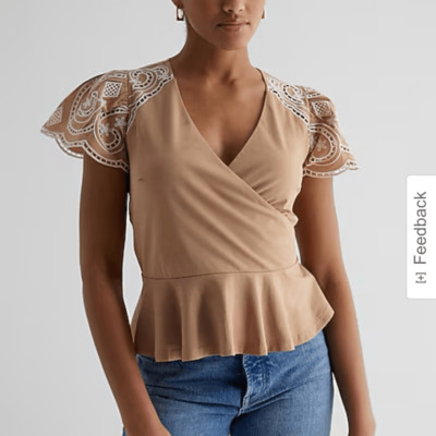 New Express Embroidered Eyelet Flutter Sleeve Peplum Top Size XL pecan tan