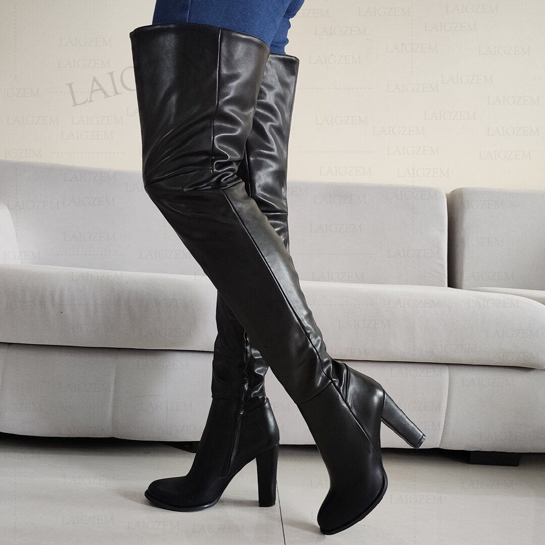 Women Thigh High Boots Thick Heels Faux Leather Round Toe Boots Over ...