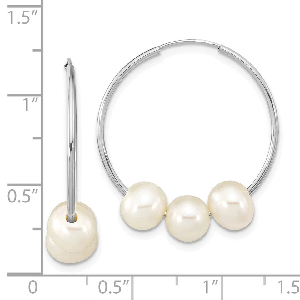 Pendientes de aro de 3 perlas cultivadas de agua dulce blancas de 6-7 mm de oro blanco de 14 k 0,44 g Foto 4 de 4