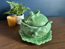 Vintage Holland Mold Ceramic Cabbage Lettuce Serving Bowl Dish & Plate 3 pc Set