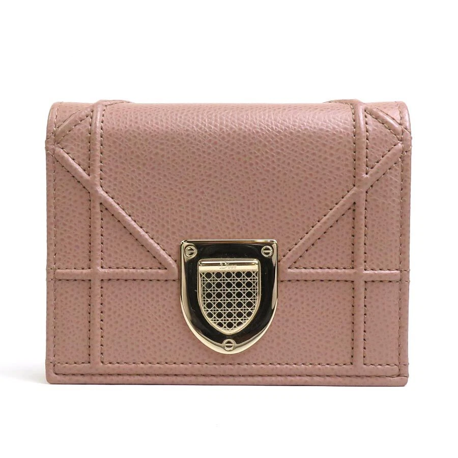 Portefeuille pliant authentique Christian Dior Diorama rose cuir beige/ton or   h29634f
