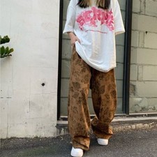 Women Bottoms Khaki Vintage Flowers Pants High Waist Straight Wide Leg Trousers