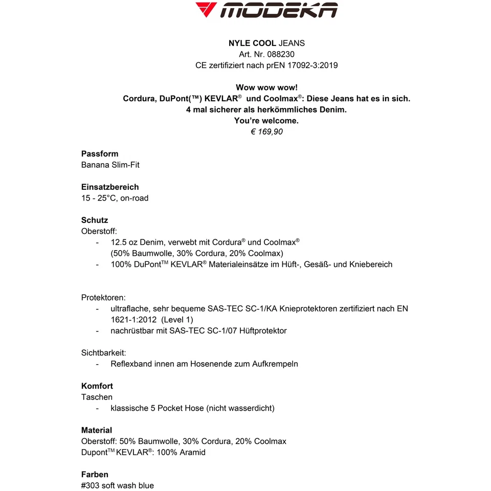 -16% Modeka Motorradjeans Nyle Cool Jeans Motorrad Bikerjeans Aramid UVP 169,90€ - Bild 3 von 3