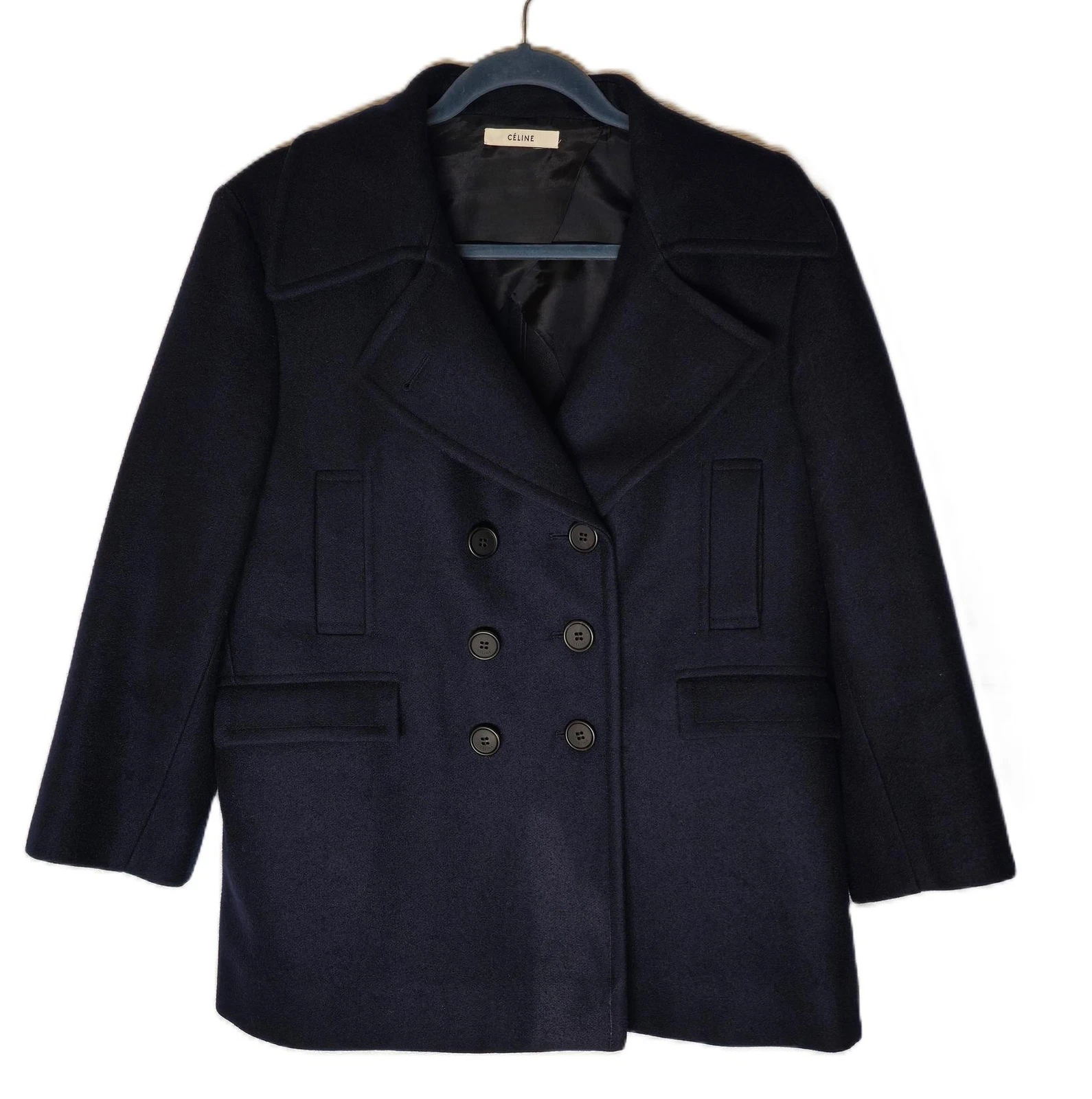 Cappotto doppiopetto Celine Pea in lana blu navy 2 5J07 4728 Taglia: 42