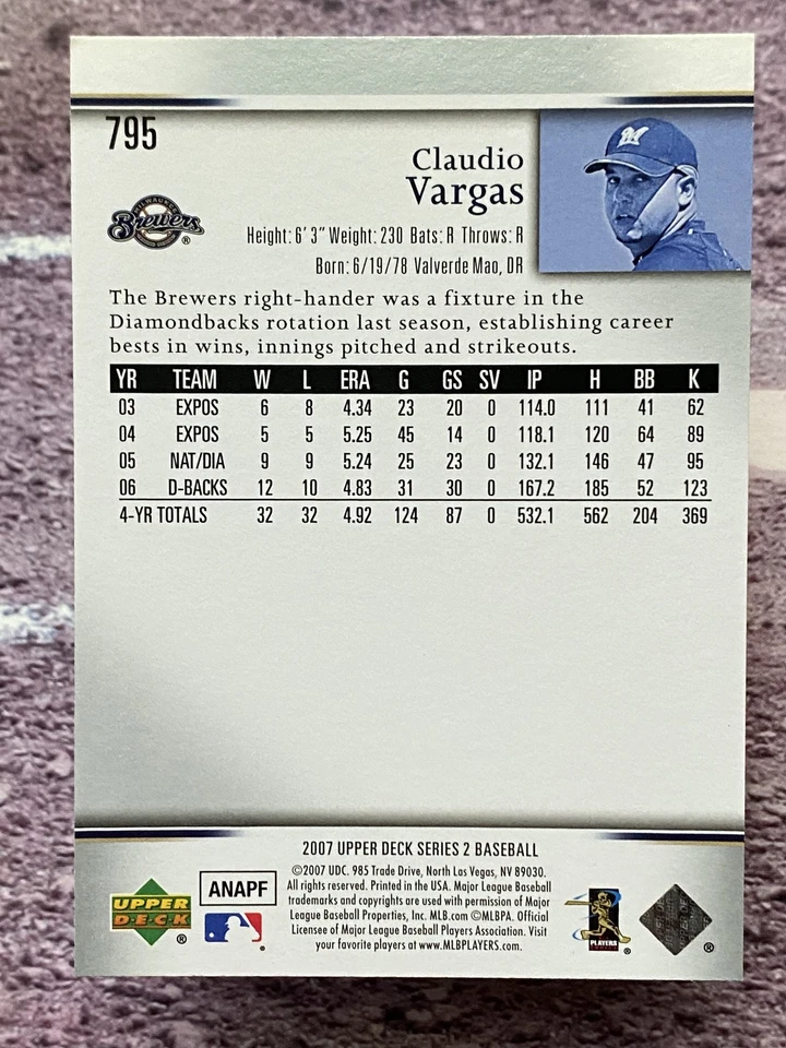 2007 Upper Deck Claudio Vargas #795 Milwaukee Brewers - Image 2 of 2