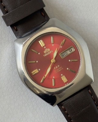 Orient 3 Star Crystal Automatic Men's Watch Deep Red Dial Day Date Japan Made