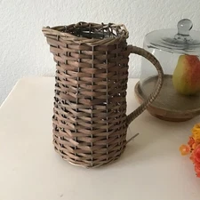New Woven Wicker Pitcher Vase w/ Handle & Spout Decorative Boho Kitschy Farm