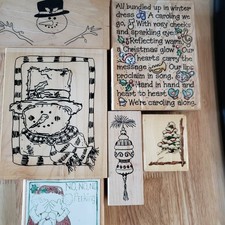 Lot of 6 Christmas Rubber Stamps Wood Mounted Snowman Tree Ornament Caroling Mix