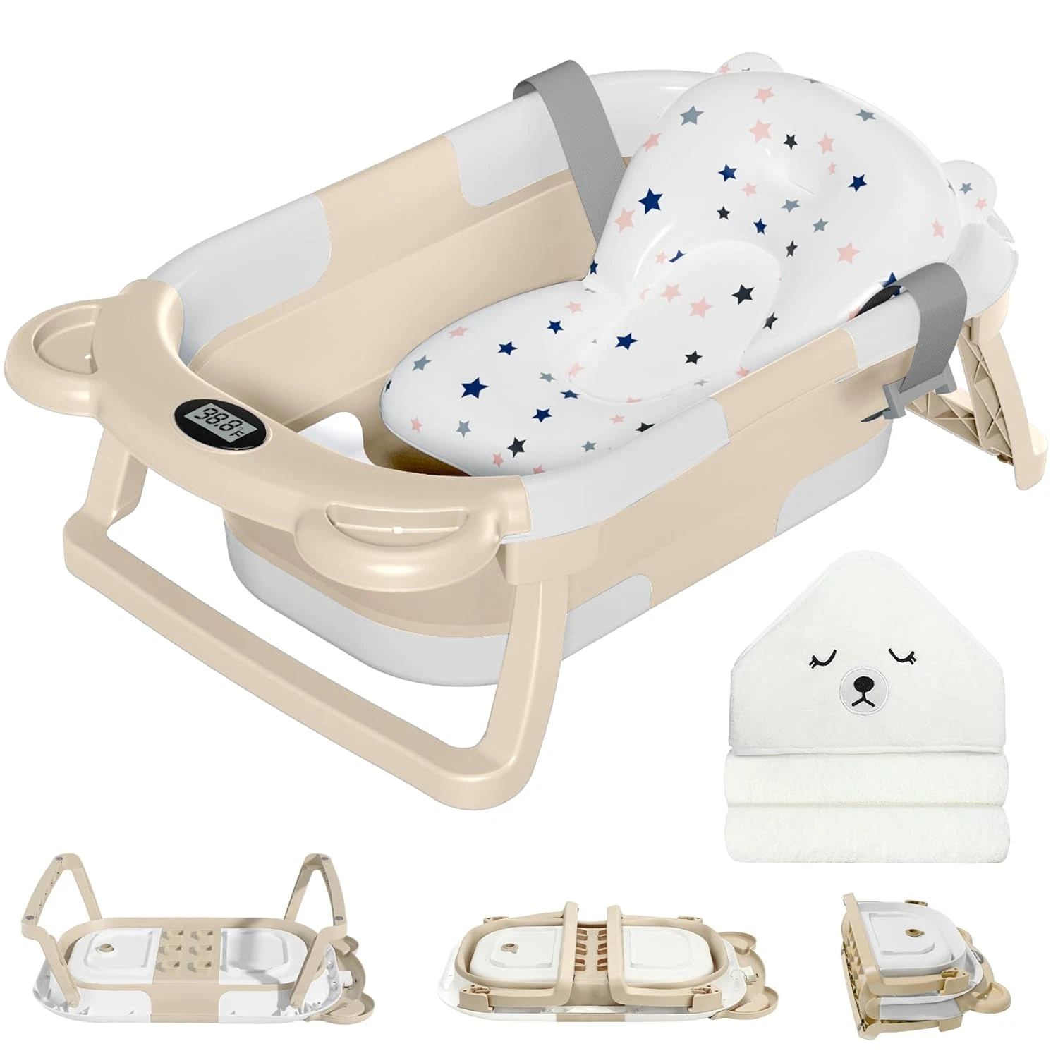 Collapsible Baby Bathtub for Newborn with Thermometer & 1 Hooded Towel & Cushion
Opens in a new wind