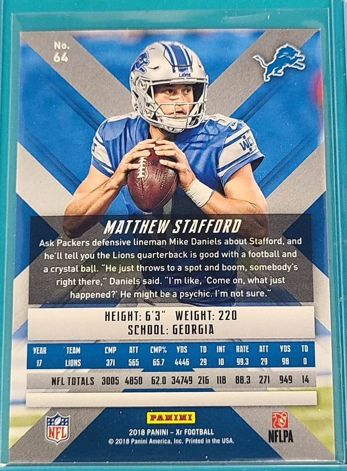 2018 Panini XR #64 Matthew Stafford Detroit Lions Football Card L1 - Image 2 of 2