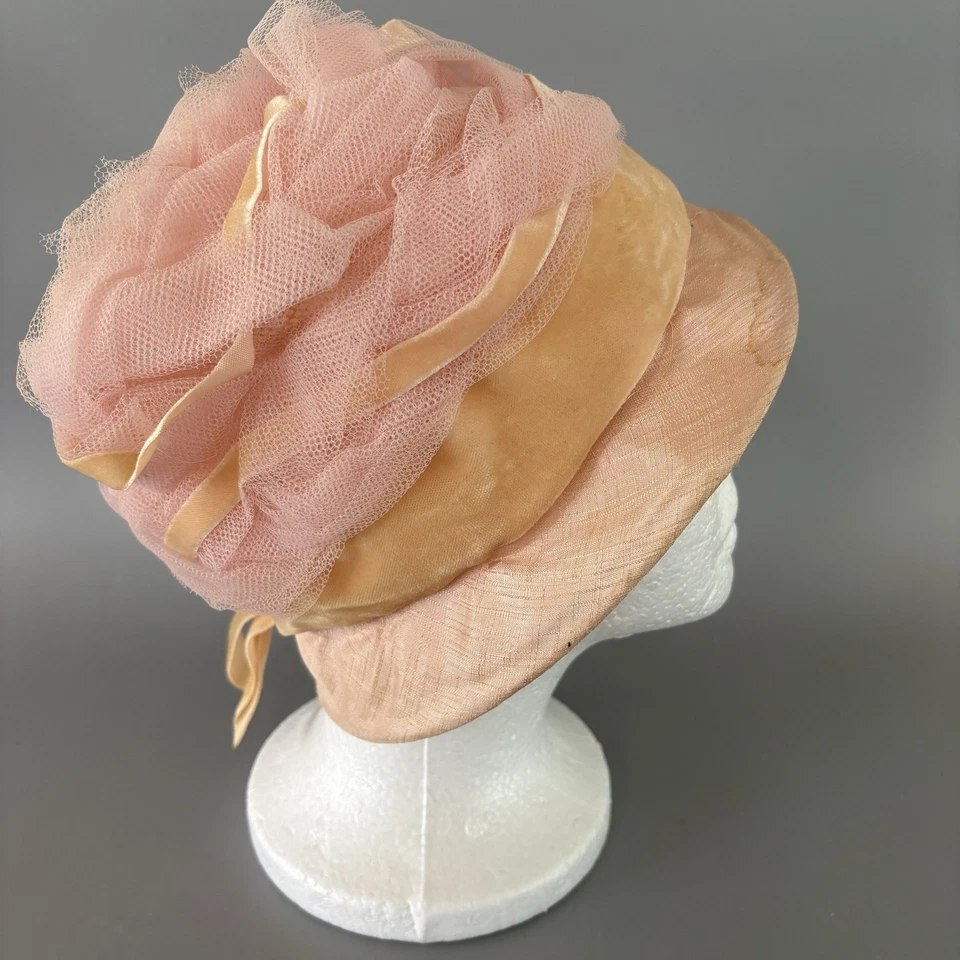 Sombrero Cloche Vintage Tul y Tafetán Rosa *LEER* Foto 3 de 4