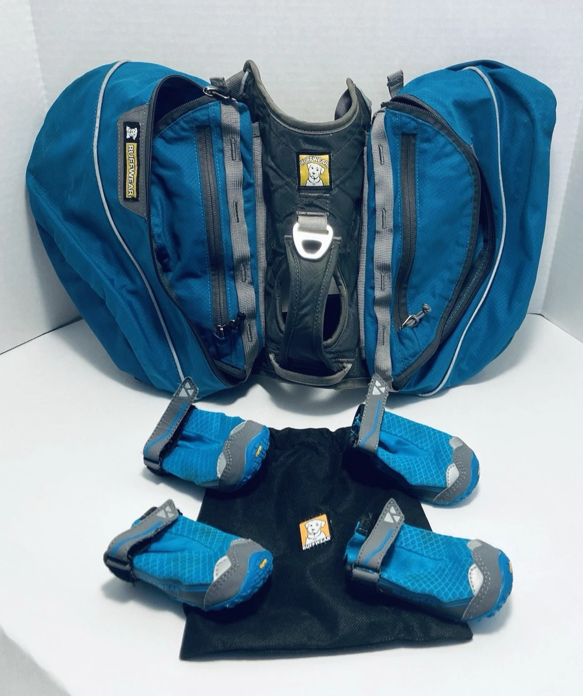 Ruffwear Dog Hiking Backpack Saddlebags SZ Small Blue w/ Dog Boots Camping Gear