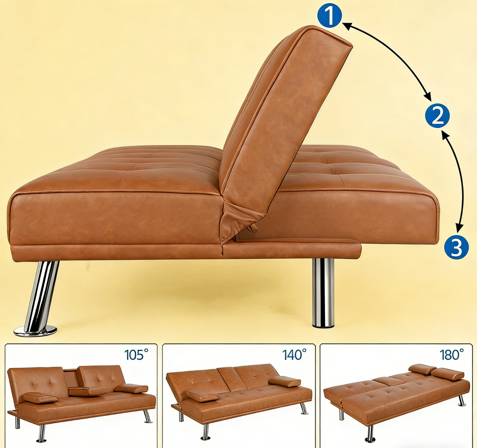 Modern Brown Faux Leather Futon Sofa Bed, Convertible Couch with Cup ...