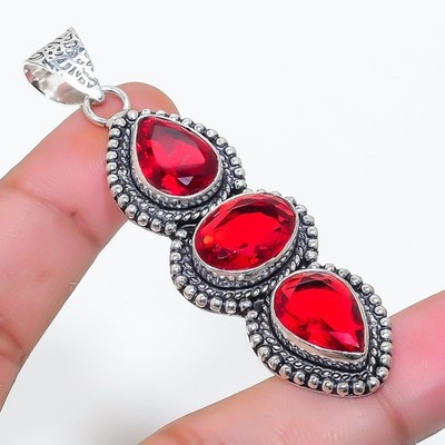 Red Garnet Handmade Gemstone 925 Sterling Silver Jewelry Pendant Size 2.7''