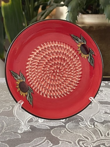 Tuscany Style Stoneware Garlic Ginger Grater 5-1/4” Plate Red with Sunflowers