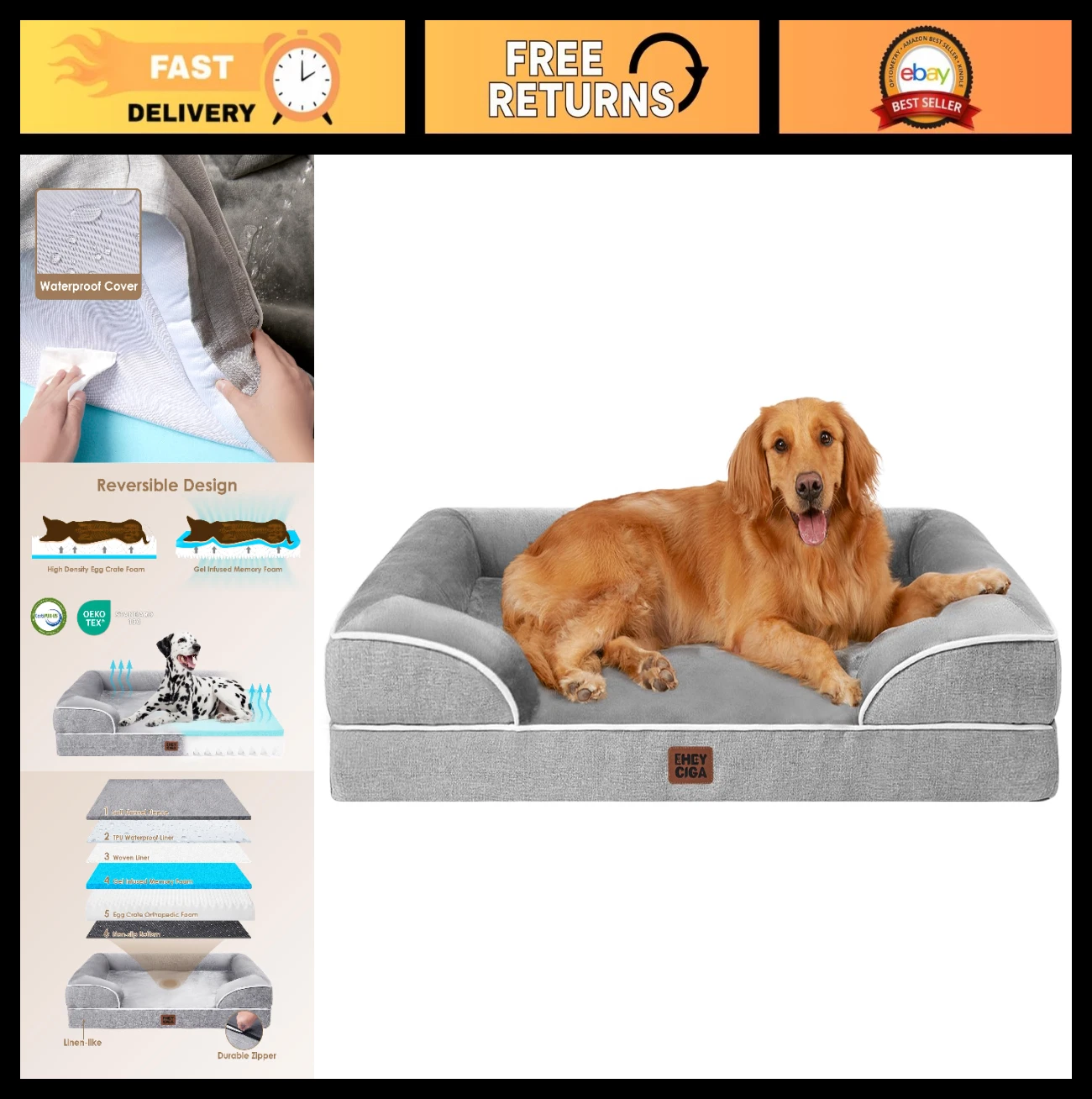 Extra Large Orthopedic Dog Bed 44x32" Waterproof Memory Foam, Non-Slip, Washable