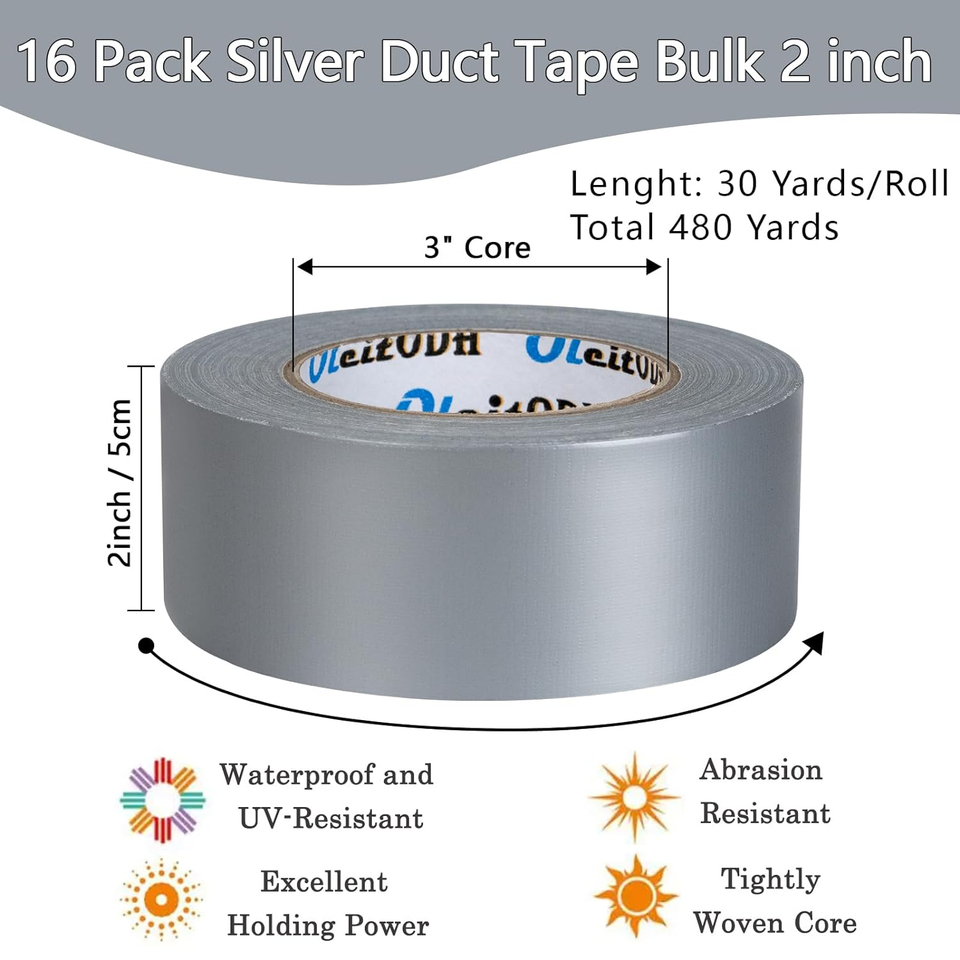 16 Pack Silver Duct Tape Bulk 2 Inch Duct Tape Heavy Duty 30 Yards Each