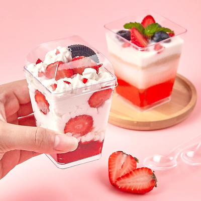 Dlux 100 Mini Coppette Da Dessert Trasparenti Con Cucchiai E Coperchi - Ideali Per Antipasti, Parfait E Mousse - Stile Quadrato E Moderno Per Le Tue Feste - 3