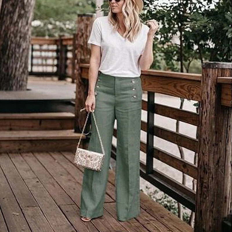 Ladies High Waist Wide Legs Pants Slacks Buttons Casual Loose Straight  Trousers