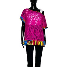 Pink Mesh Women Shirt/ Blouse w/ Ankara Print