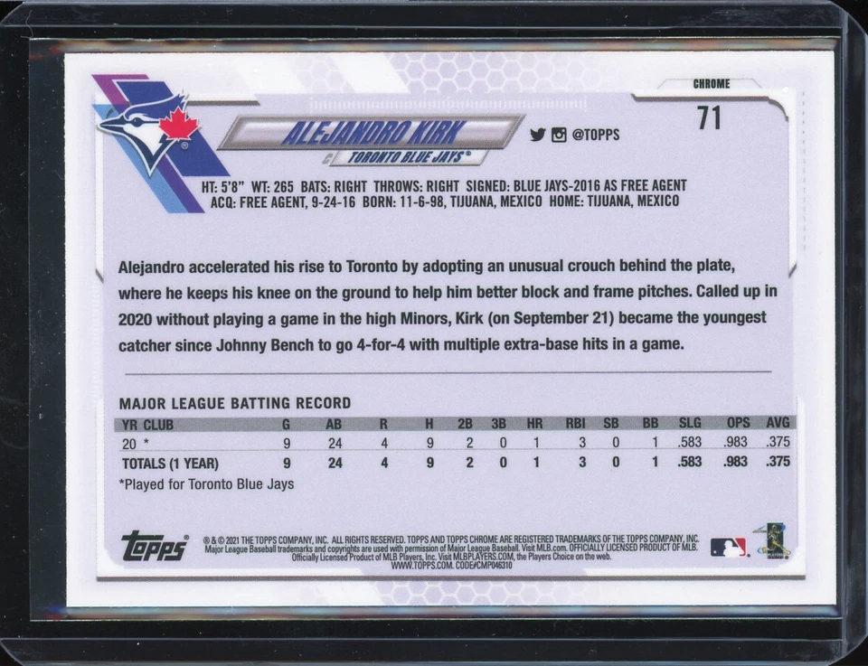 2021 Topps Chrome ALEJANDRO KIRK rookie RC #71 blue jays - Image 2 of 2
