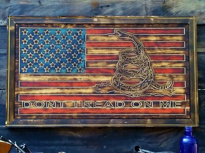 Rustic American Wood Flag Gadsden Dont Tread On Me Flag 24'' x 14''