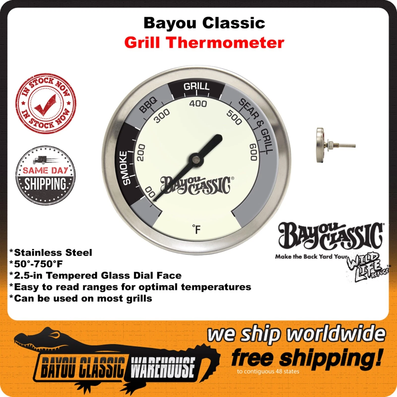 Bayou Classic 500-580 Grill Thermometer Great For Smoking BBQ Searing Grilling