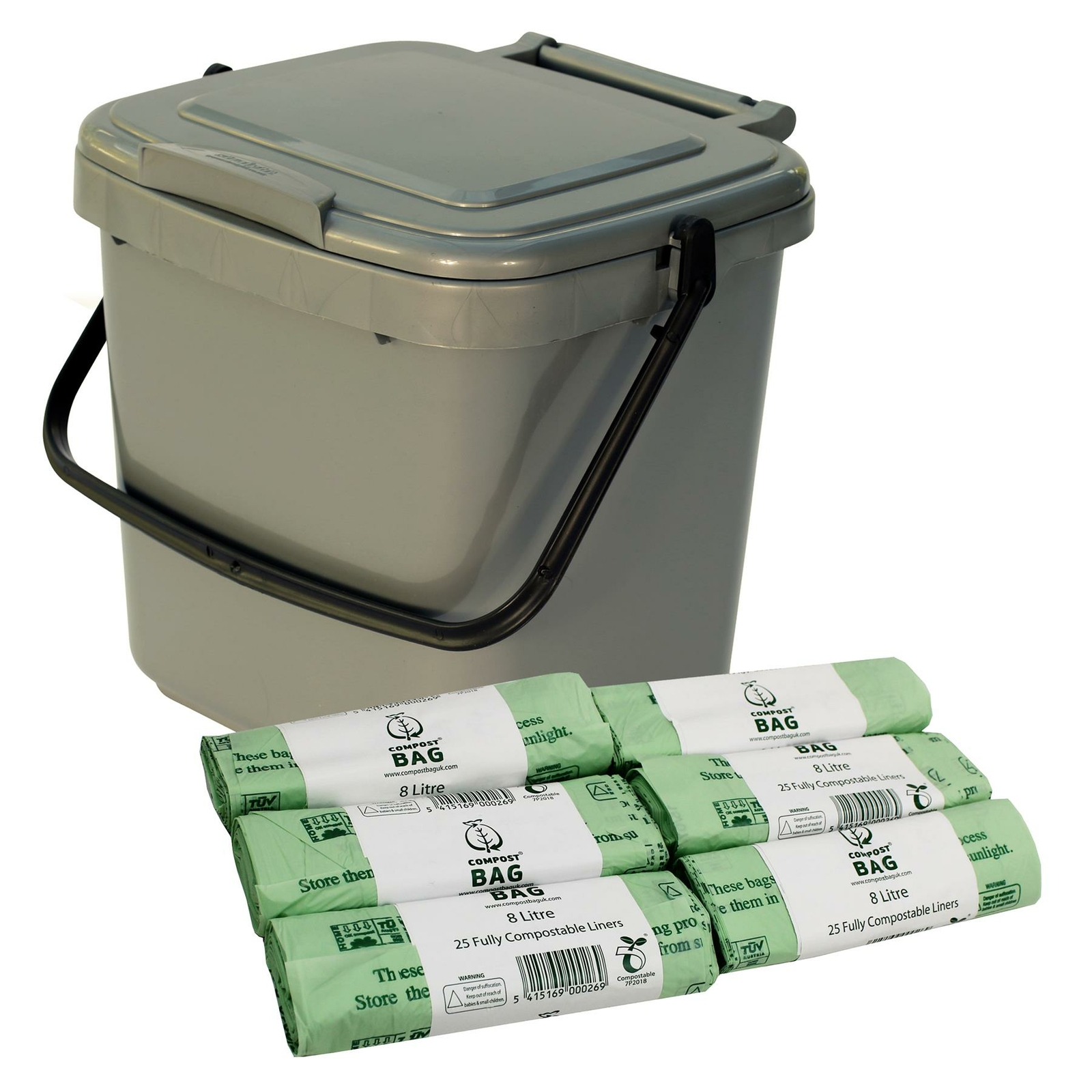 7 Litre Silver Kitchen Compost Caddy/Food Bin&150x 8L Compostable Bags-7L
