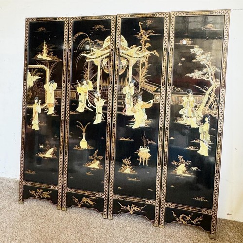 Chinese Black Lacquered Gold and Stone Room Divider/Screen