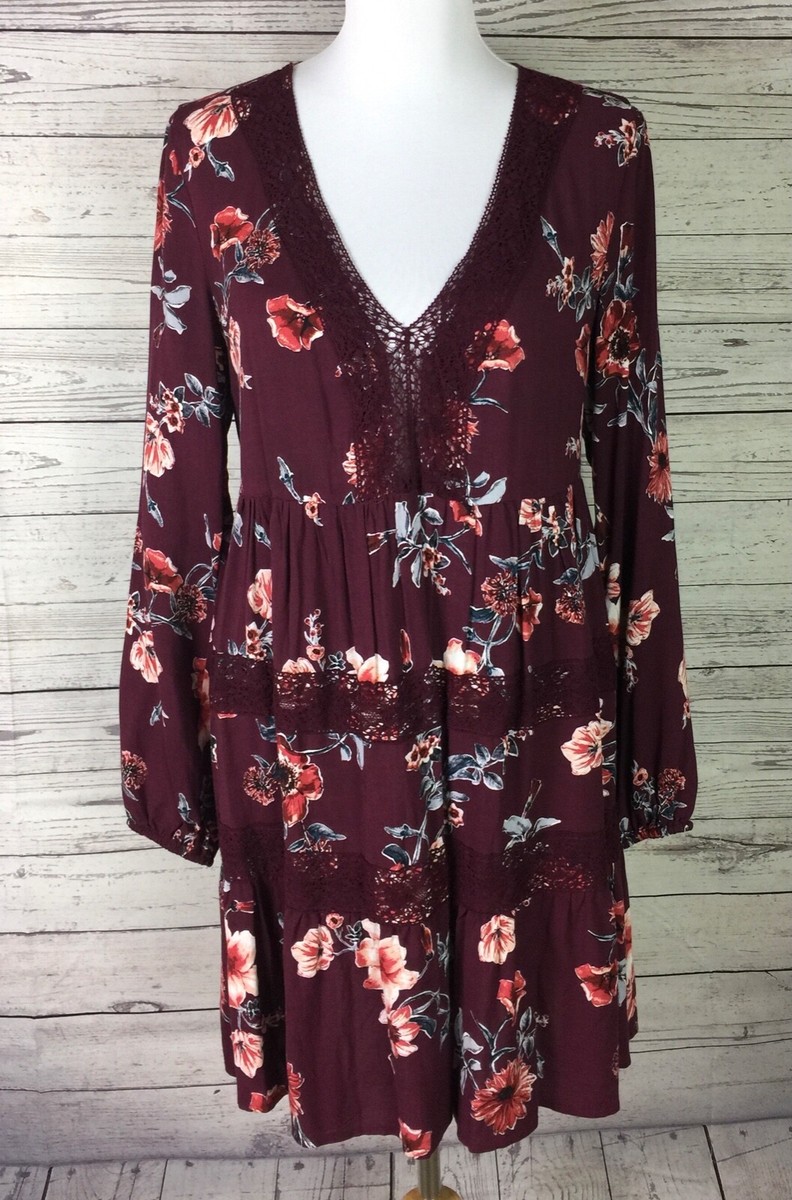 Xhilaration Shift Dress Womens Size M Floral Long Sleeve V-Neck Lace Detail  Tie