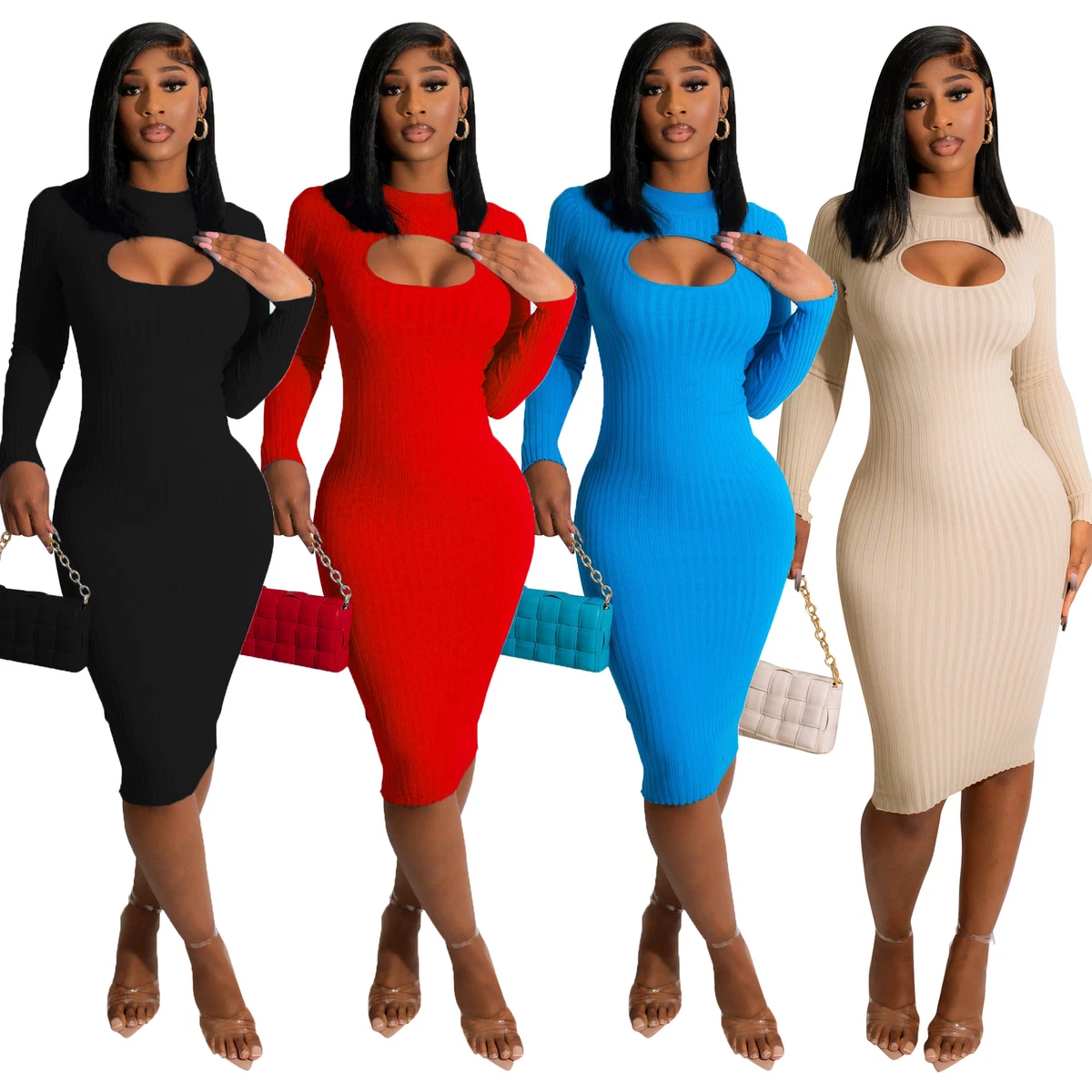 Women Fashion Solid Rib-knit Dresses Cut Out Long Sleeve Bodycon Dress  Casual