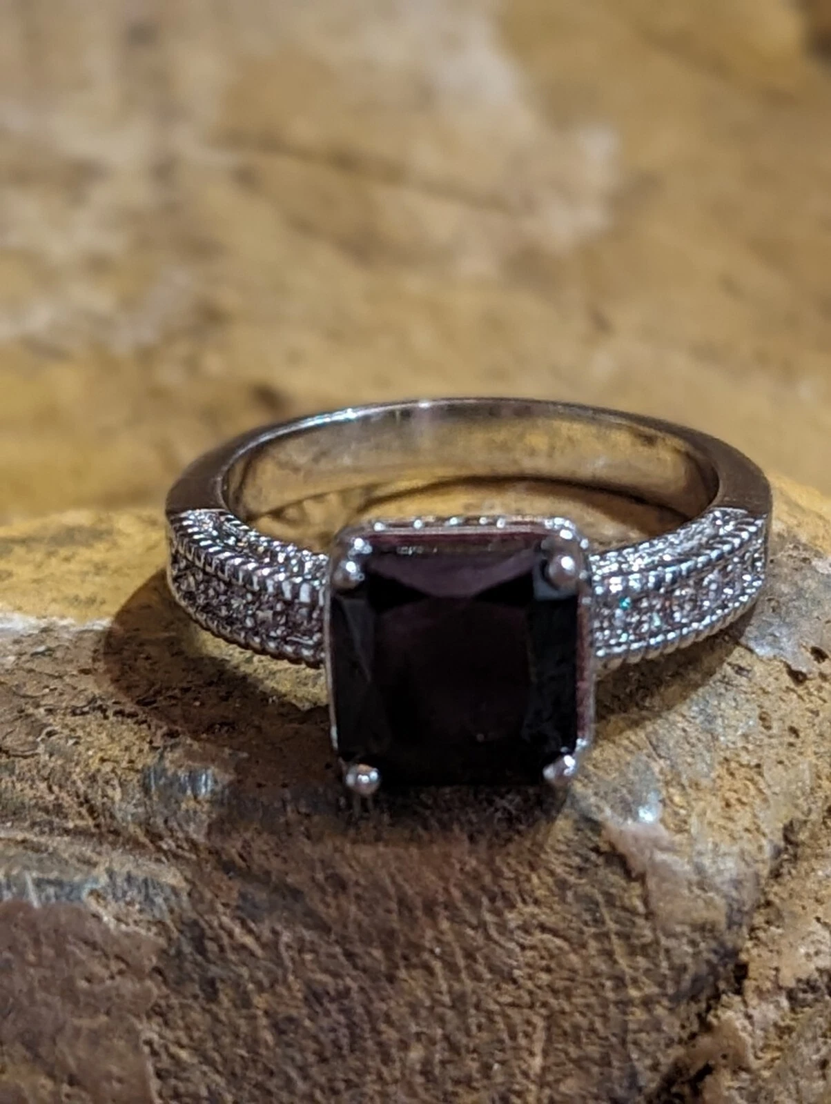 Sterling Silver Princess Cut Ring Black Stone With Clear Side Stones Elegant