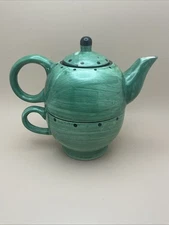 Design Pac Hand Painted Stackable Tea for One Teapot and Cup Green w/ Black Trim