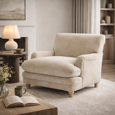 Martha Snuggle Armchair Low Cream Chenille Fabric Seat Oak Effect Wood Legs