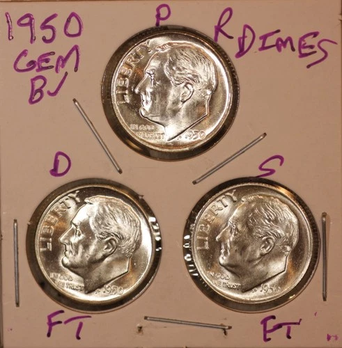 1950 P D S SILVER ROOSEVELT DIMES GEM BU D & S FULL BANDS! KEY DATES 500173