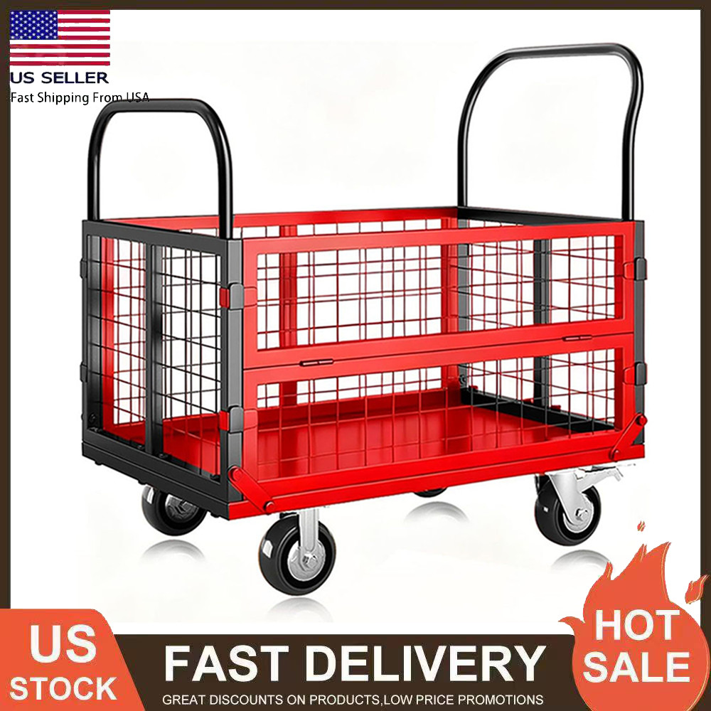 Platform Truck Cart W/Cage Foldable Flatbed Cart for Grocery & Warehouse 1800LBS