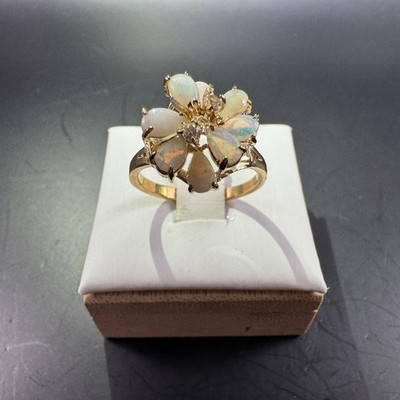 Natural Australian Solid Crystal Opal Flower Cluster Ring Gold Tone  W/ CZ Sz N