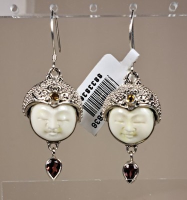 SAJEN Sterling Silver Carved Goddess Face Dangle Earrings Garnet Citrine