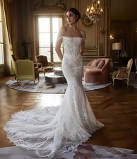 Boho Mermaid Wedding Dresses Off Shoulder Lace Applique Sweep Train Bridal Gowns
