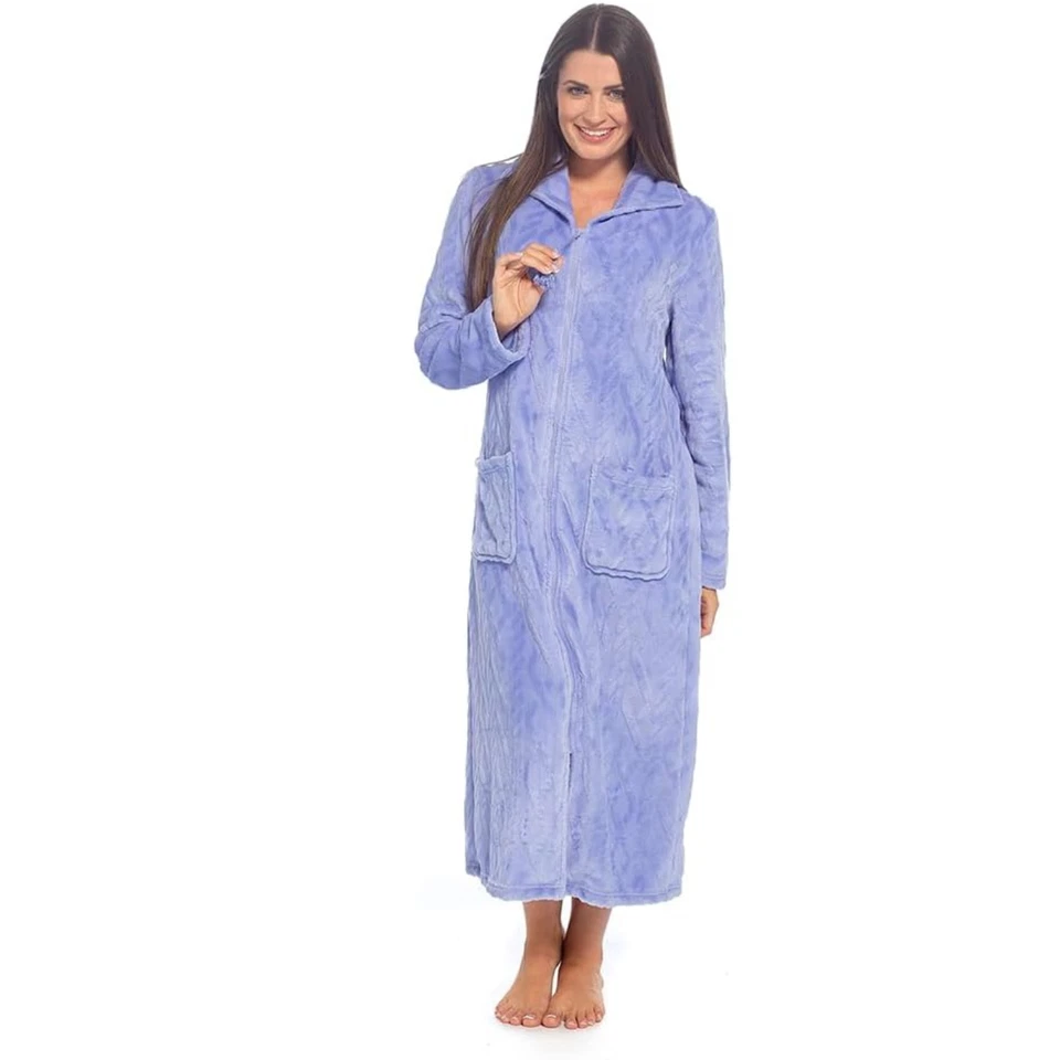 Women Robes Flannel Fleece Dress Gown with Tassle Zip & Front Pockets Nightwear - Image 2 of 4