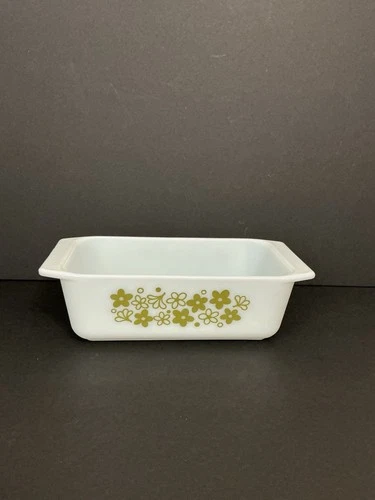 Vintage Pyrex White Glass Loaf Pan "Crazy Daisy" Spring Blossom Green  #913