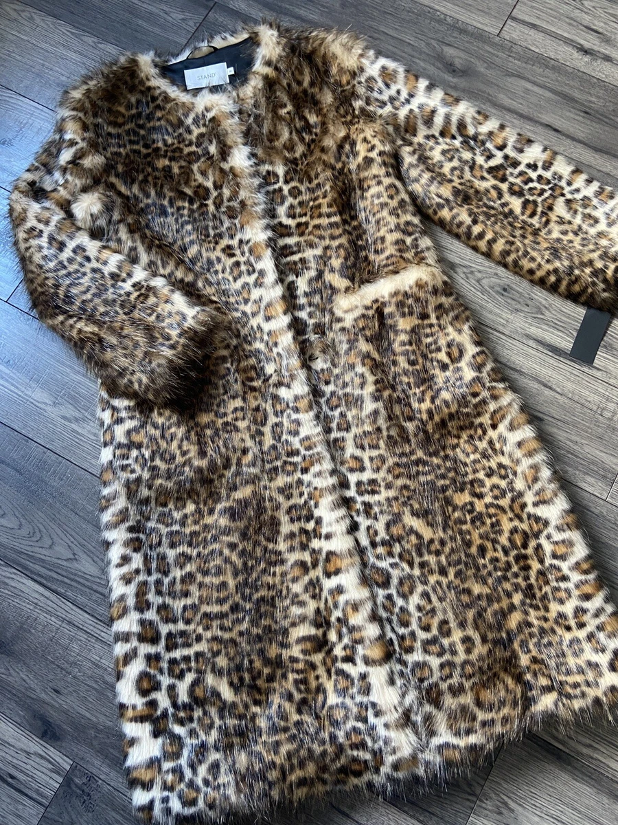 STAND SOFT FAUX FUR ANIMAL LEOPARD PRINT COAT RETAIL SIZE 8 10