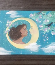 Lady and the Moon Acrylic Painting on Flat canvas Without Frame Handmade Art