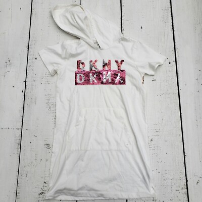 DKNY Kids Girls Size 8-10 NEW White Reversible Sequins T-Shirt Dress w Hood