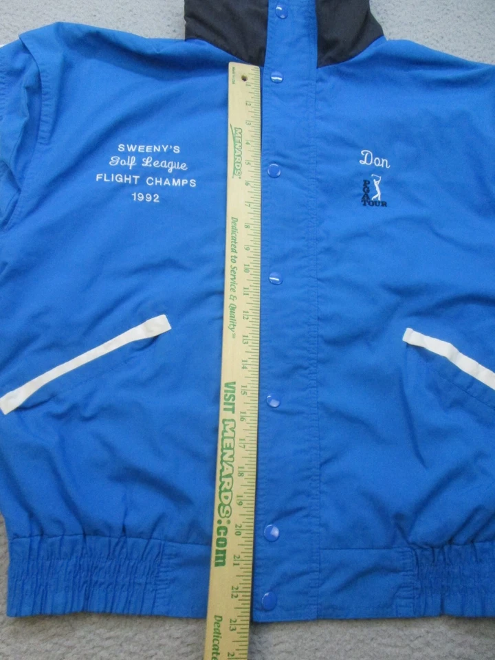 老式 PGA 巡回赛高尔夫夹克男式中号蓝色黑色隐藏式连帽风衣 90 年代 — 第 4/4 张图片