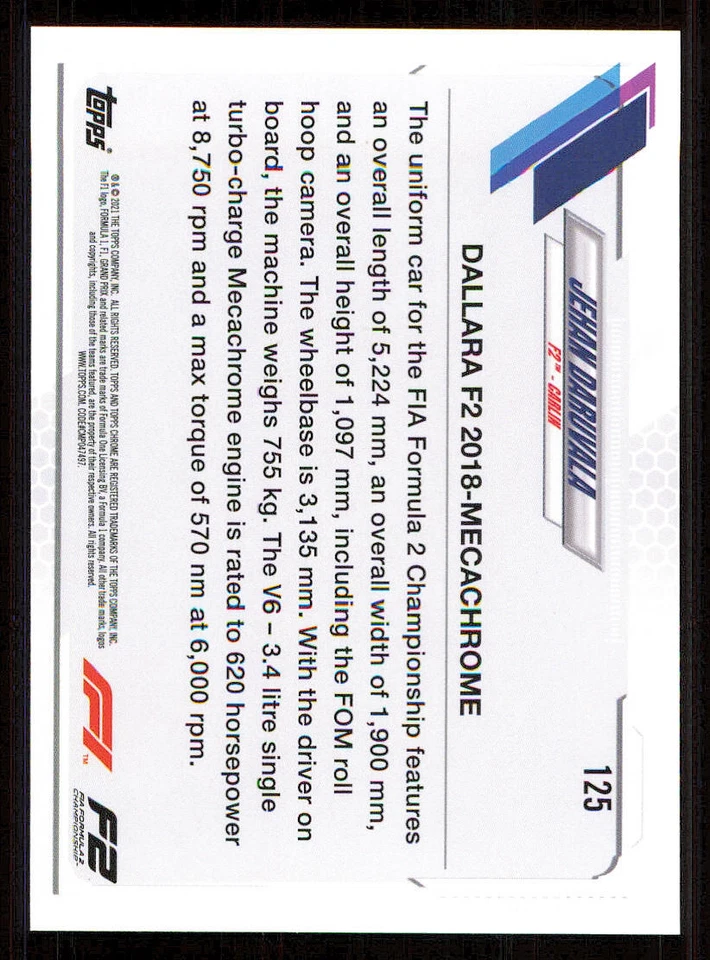 2021 Topps Chrome Formula 1 #125 Jehan Daruvala/F2 Cars - Image 2 of 2