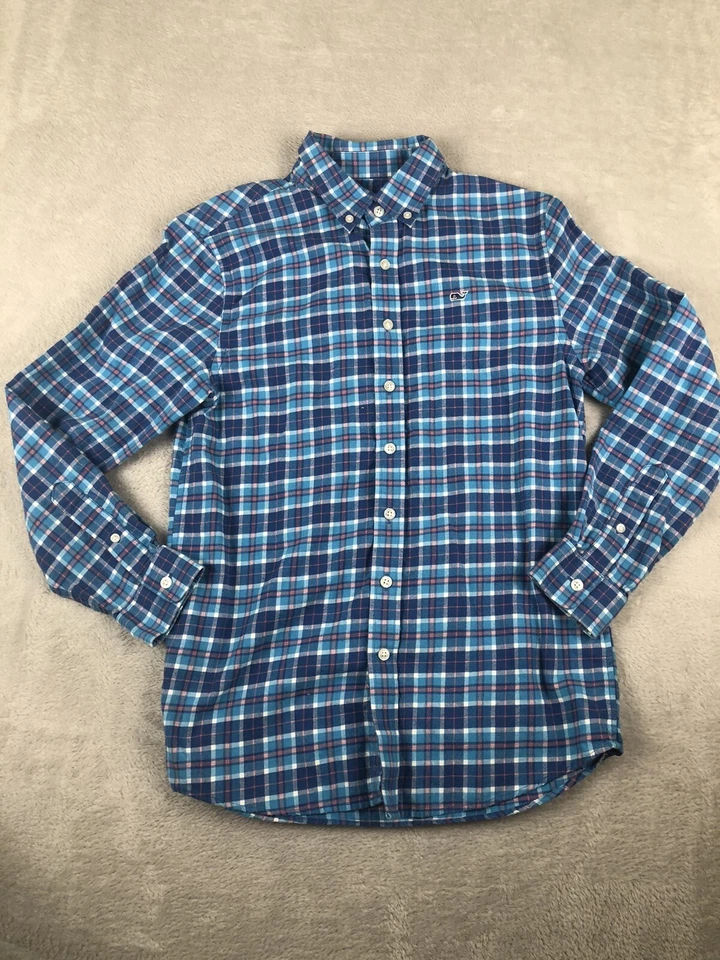 Vineyard Vines Shirt Boy Large Blue Plaid Flannel Button Down Whale Logo Kids - Image 2 of 4