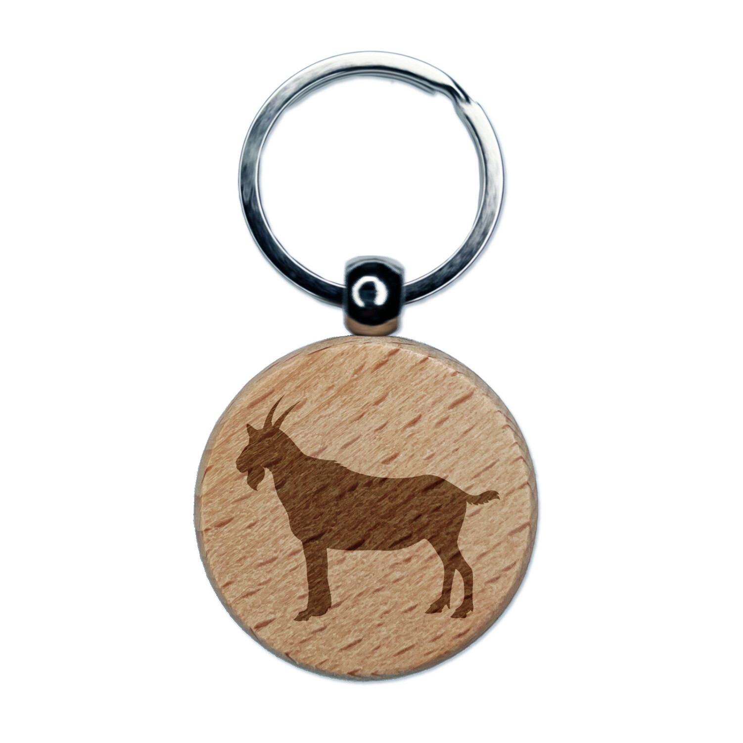 Goat Solid Engraved Wood Round Keychain Tag Charm